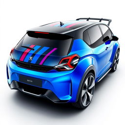 A modern conceptual design of the Peugeot 106 XSI for 2024, showcasing a sleek, aerodynamic body with sharp angles and a sporty stance, vibrant blue color with bold racing stripes, futuristic LED headlights, and a stylish rear spoiler