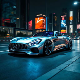 A futuristic conceptual version of a Mercedes AMG sports car, featuring sleek aerodynamic lines, an ultra-modern design, and cutting-edge technology