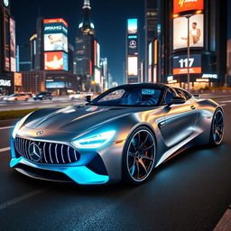 A futuristic conceptual version of a Mercedes AMG sports car, featuring sleek aerodynamic lines, an ultra-modern design, and cutting-edge technology