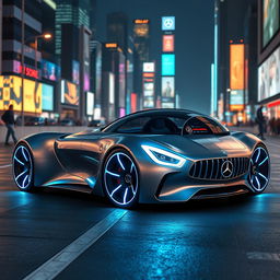 A futuristic conceptual version of a Mercedes AMG sports car, featuring sleek aerodynamic lines, an ultra-modern design, and cutting-edge technology