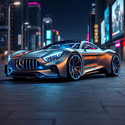 A futuristic conceptual version of a Mercedes AMG sports car, featuring sleek aerodynamic lines, an ultra-modern design, and cutting-edge technology