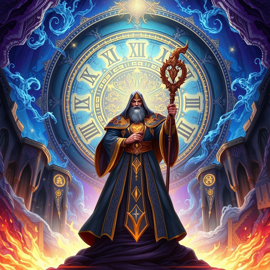 An illustration of a powerful archmage standing confidently in the center of a breathtaking fantasy landscape, surrounded by swirling magical energies