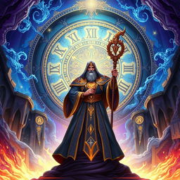 An illustration of a powerful archmage standing confidently in the center of a breathtaking fantasy landscape, surrounded by swirling magical energies