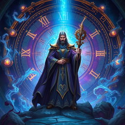 An illustration of a powerful archmage standing confidently in the center of a breathtaking fantasy landscape, surrounded by swirling magical energies