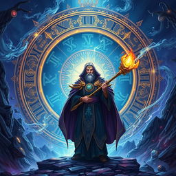 An illustration of a powerful archmage standing confidently in the center of a breathtaking fantasy landscape, surrounded by swirling magical energies