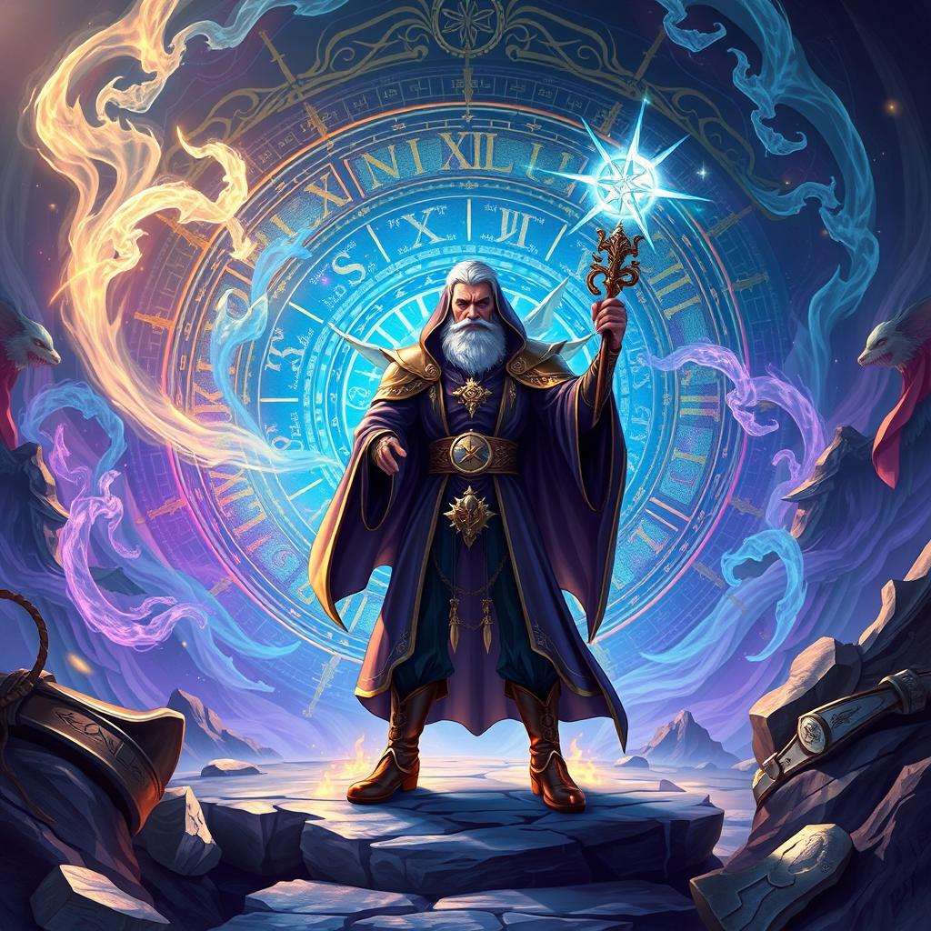 An illustration of a powerful archmage standing confidently in the center of a breathtaking fantasy landscape, surrounded by swirling magical energies