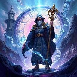 An illustration of a powerful archmage standing in the midst of a stunning fantasy landscape, with a grand clock or a spinning circle of time in the background