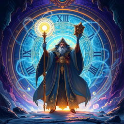 An illustration of a powerful archmage standing in the midst of a stunning fantasy landscape, with a grand clock or a spinning circle of time in the background