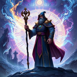 An illustration of a powerful archmage standing in the midst of a stunning fantasy landscape, with a grand clock or a spinning circle of time in the background