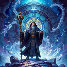 An illustration of a powerful archmage standing in the midst of a stunning fantasy landscape, with a grand clock or a spinning circle of time in the background