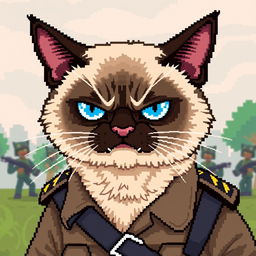 A pixel art depiction of an angry Siamese cat wearing a military uniform, highlighting its striking blue eyes and cream-colored fur