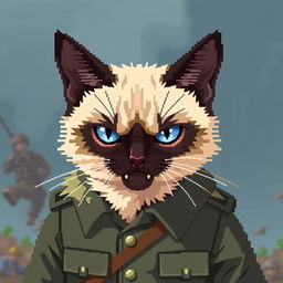 A pixel art depiction of an angry Siamese cat wearing a military uniform, highlighting its striking blue eyes and cream-colored fur