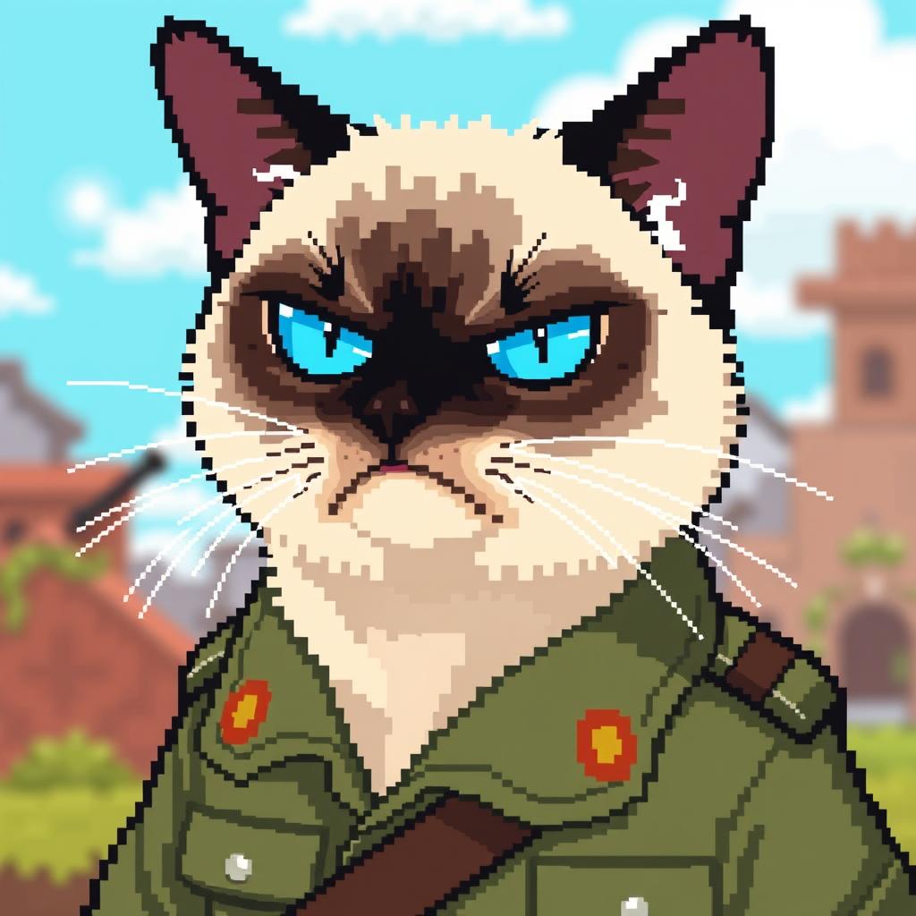 A pixel art depiction of an angry Siamese cat wearing a military uniform, highlighting its striking blue eyes and cream-colored fur