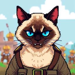 A pixel art depiction of an angry Siamese cat wearing a military uniform, highlighting its striking blue eyes and cream-colored fur