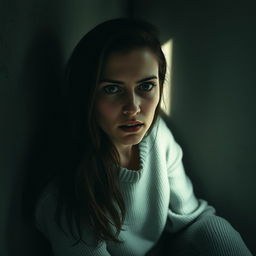 A woman with long, dark hair sitting in the corner of a dimly lit room, her expression is one of fear and anxiety as she stares ahead