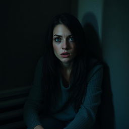 A woman with long, dark hair sitting in the corner of a dimly lit room, her expression is one of fear and anxiety as she stares ahead