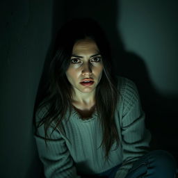 A woman with long, dark hair sitting in the corner of a dimly lit room, her expression is one of fear and anxiety as she stares ahead