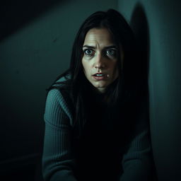 A woman with long, dark hair sitting in the corner of a dimly lit room, her expression is one of fear and anxiety as she stares ahead