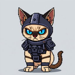 An angry Siamese cat dressed in a battle suit, depicted in an 8-bit pixel art style