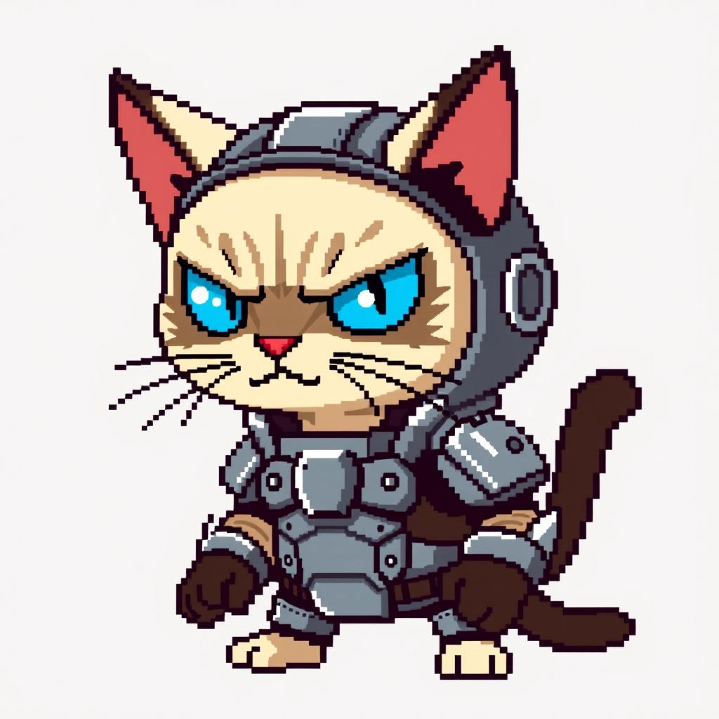 An angry Siamese cat dressed in a battle suit, depicted in an 8-bit pixel art style