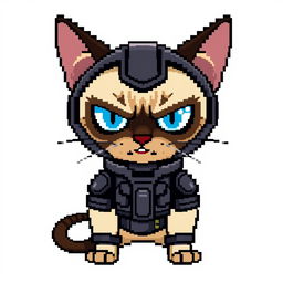 An angry Siamese cat dressed in a battle suit, depicted in an 8-bit pixel art style