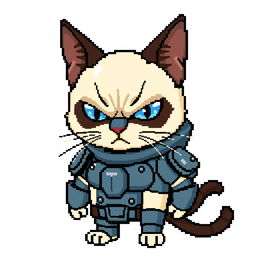 An angry Siamese cat dressed in a battle suit, depicted in an 8-bit pixel art style