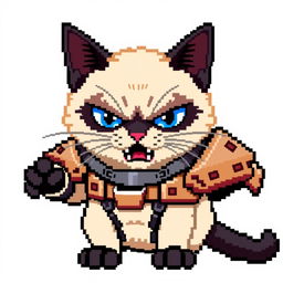 An angry Siamese cat dressed in a battle suit, depicted in an 8-bit pixel art style