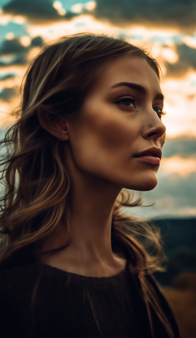 Unfiltered, unedited ultra high-resolution 36k real-life candid photograph of a beautiful 30-year-old Ukrainian woman with facial symmetry, round pupils, long eyelashes, full lips in side profile, low light, low angle against a landscape with clouds at sunset. Upper body shot showcasing detailed human skin and thick hair.