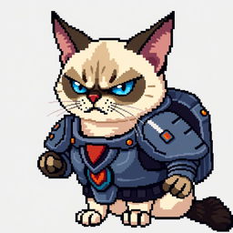 An angry Siamese cat dressed in a battle suit, depicted in an 8-bit pixel art style