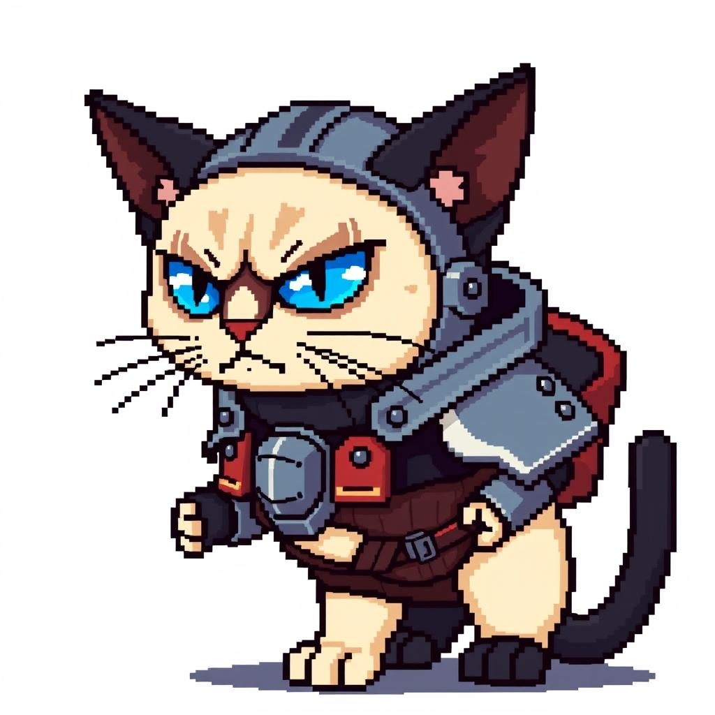 An angry Siamese cat dressed in a battle suit, depicted in an 8-bit pixel art style