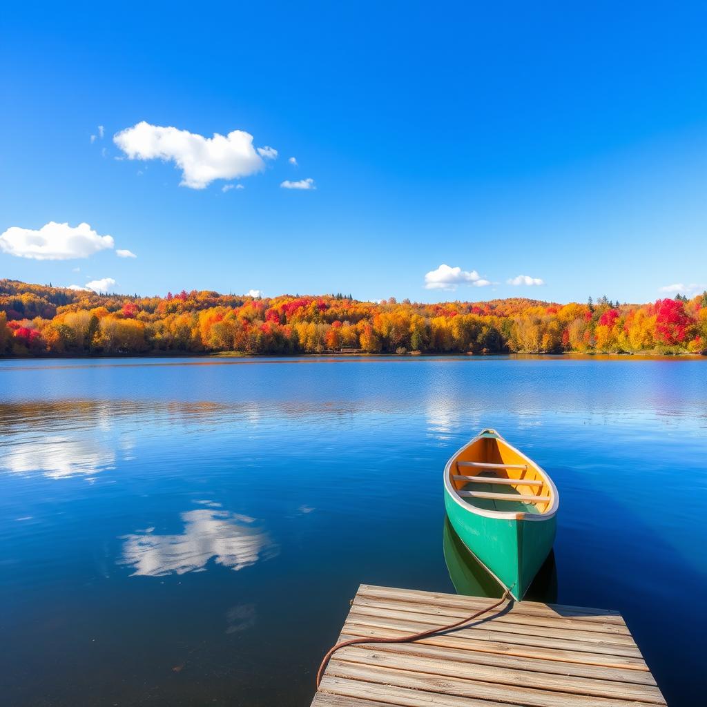 A picturesque autumn landscape featuring a serene lake surrounded by vibrant fall foliage in shades of orange, yellow, and red