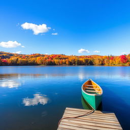 A picturesque autumn landscape featuring a serene lake surrounded by vibrant fall foliage in shades of orange, yellow, and red