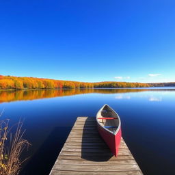 A picturesque autumn landscape featuring a serene lake surrounded by vibrant fall foliage in shades of orange, yellow, and red