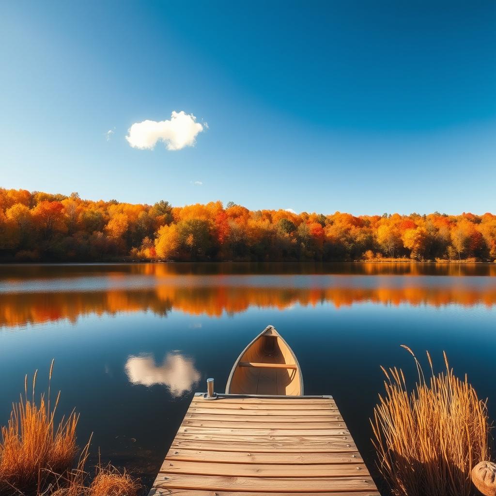 A picturesque autumn landscape featuring a serene lake surrounded by vibrant fall foliage in shades of orange, yellow, and red