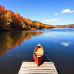 A picturesque autumn landscape featuring a serene lake surrounded by vibrant fall foliage in shades of orange, yellow, and red