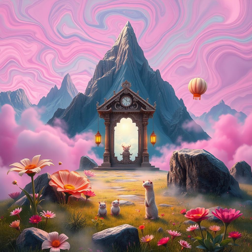 A surreal landscape featuring a mystical portal