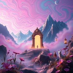 A surreal landscape featuring a mystical portal