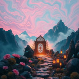 A surreal landscape featuring a mystical portal