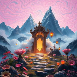 A surreal landscape featuring a mystical portal