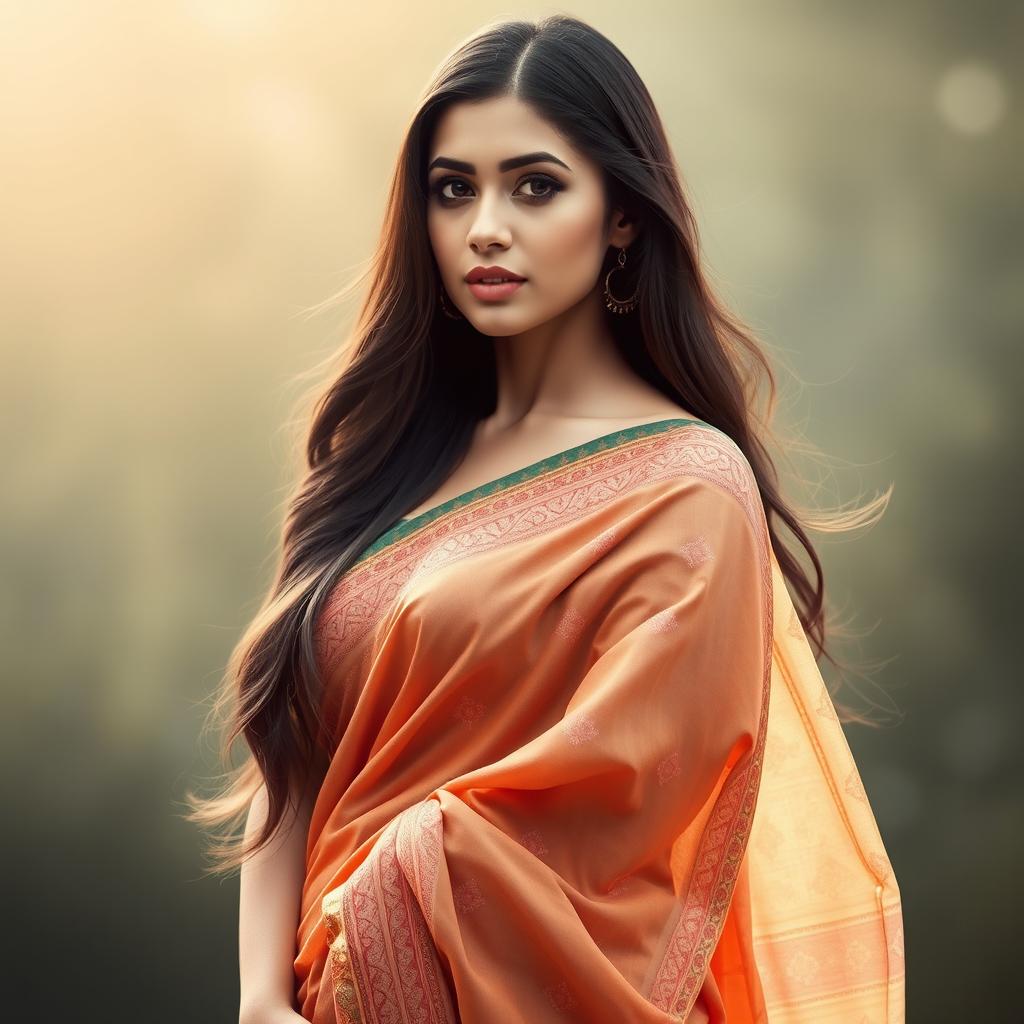 A stunning portrait of a woman with a graceful presence, her long dark hair cascading down her shoulders, adorned in a beautifully draped saree that subtly reveals her figure while maintaining elegance