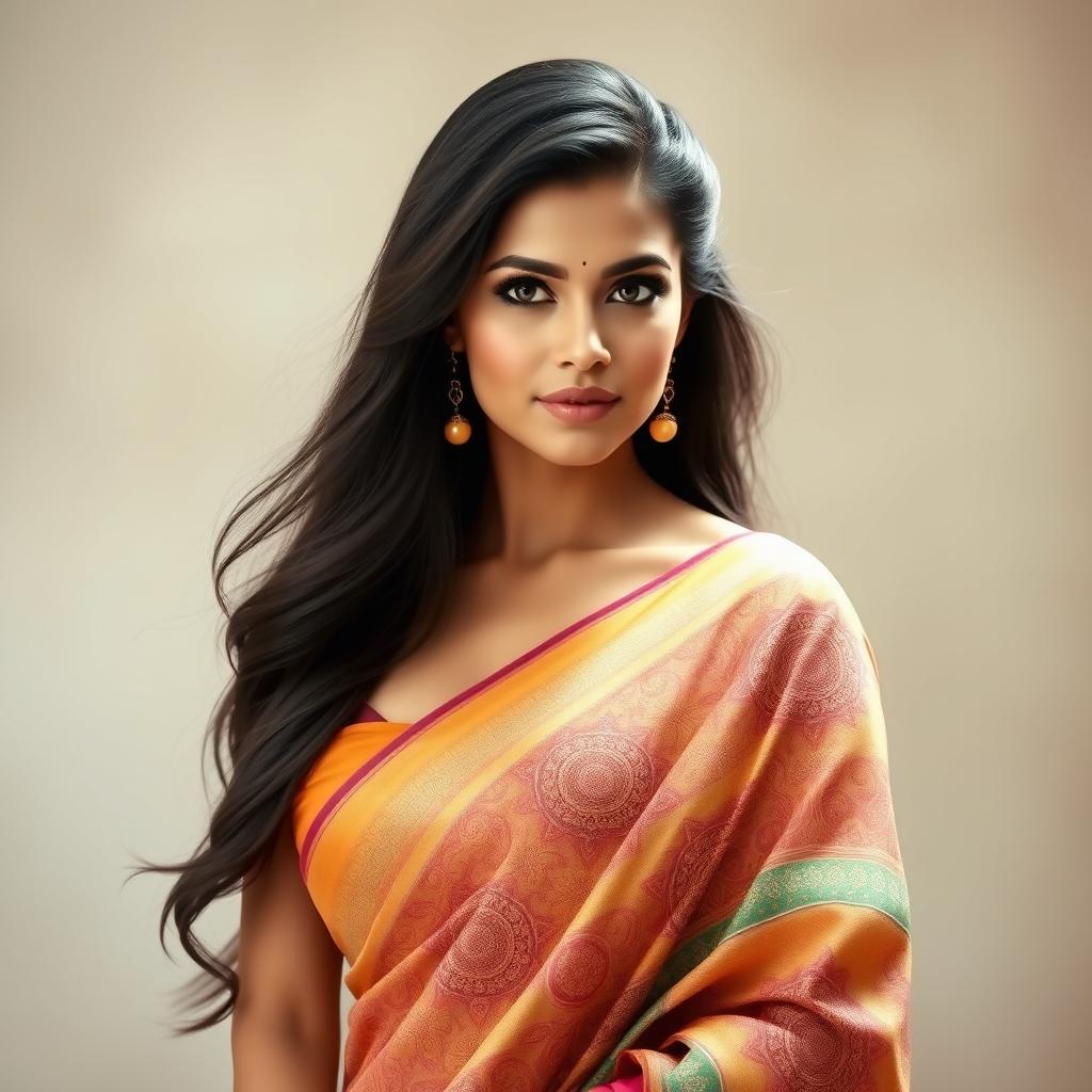 A stunning portrait of a woman with a graceful presence, her long dark hair cascading down her shoulders, adorned in a beautifully draped saree that subtly reveals her figure while maintaining elegance