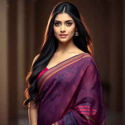 A stunning portrait of a woman with a graceful presence, her long dark hair cascading down her shoulders, adorned in a beautifully draped saree that subtly reveals her figure while maintaining elegance