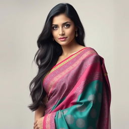 A stunning portrait of a woman with a graceful presence, her long dark hair cascading down her shoulders, adorned in a beautifully draped saree that subtly reveals her figure while maintaining elegance