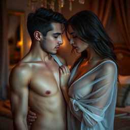 An intimate scene showcasing sensuality and connection between two attractive adults