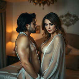 An intimate scene showcasing sensuality and connection between two attractive adults