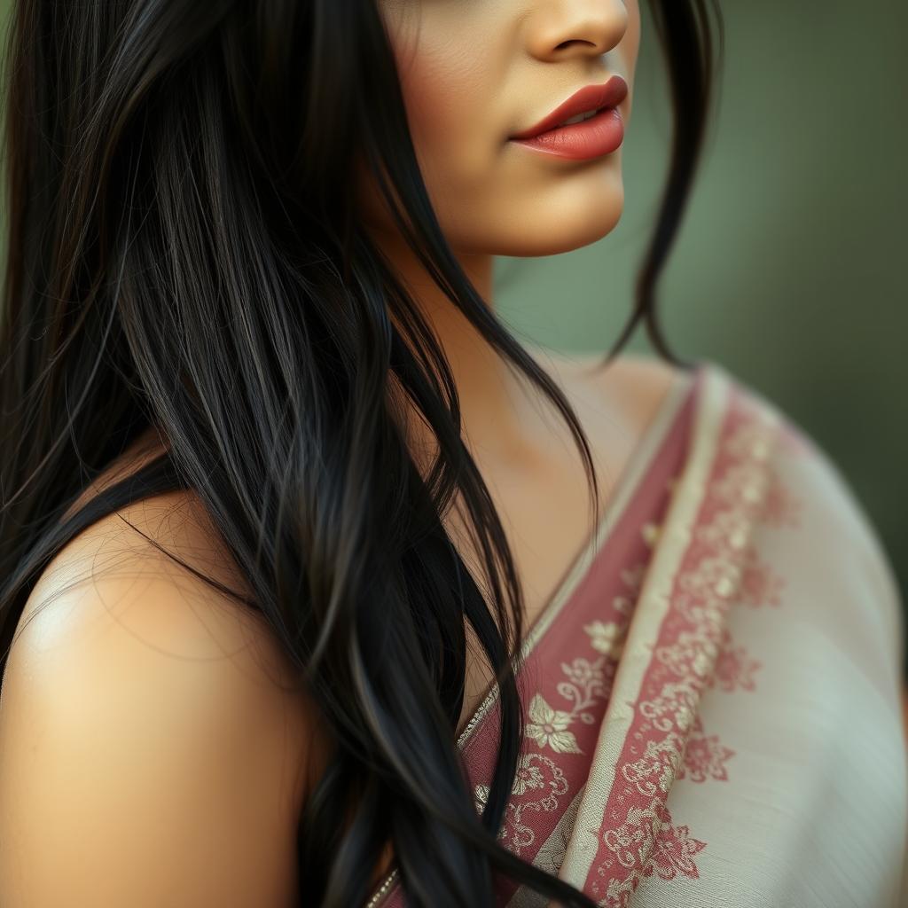 A romantic close-up portrait of a woman in a beautifully draped saree, with her lips slightly parted as if she is about to kiss