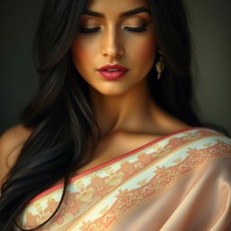 A romantic close-up portrait of a woman in a beautifully draped saree, with her lips slightly parted as if she is about to kiss