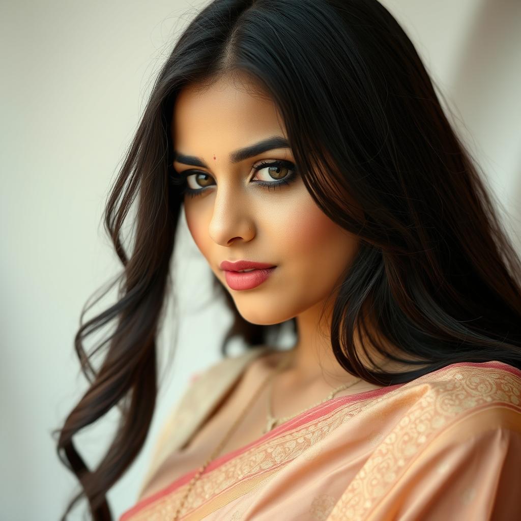 A romantic close-up portrait of a woman in a beautifully draped saree, with her lips slightly parted as if she is about to kiss