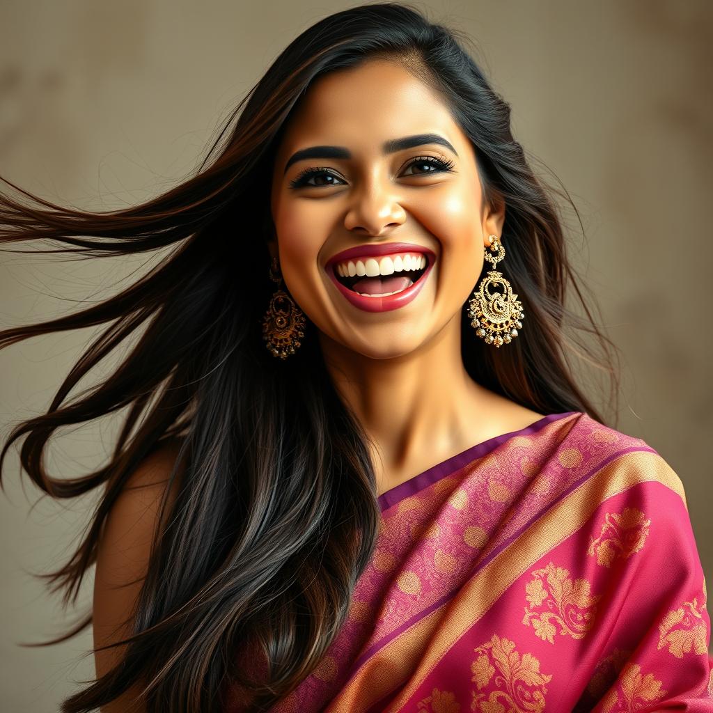 A captivating portrait of a woman expressing a joyful 'Ahhh' sound, with her mouth open in a delighted smile