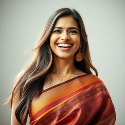 A captivating portrait of a woman expressing a joyful 'Ahhh' sound, with her mouth open in a delighted smile